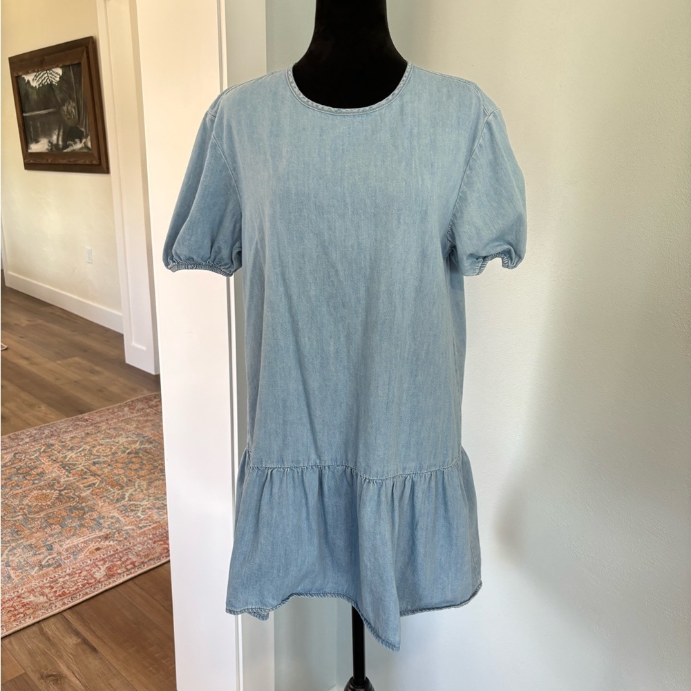 Chambray babydoll mini dress with puff sleeves size XS